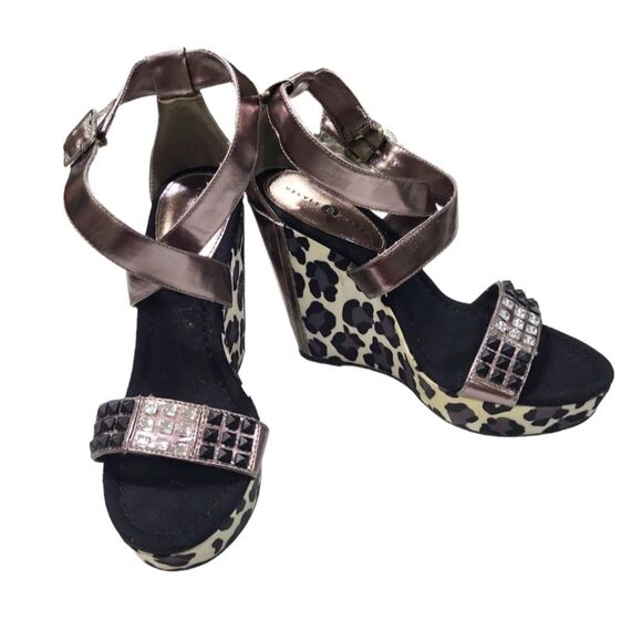 Rhinestone beaded Velvet Heart rose gold animal print platform Espadrill wedge - Picture 1 of 15
